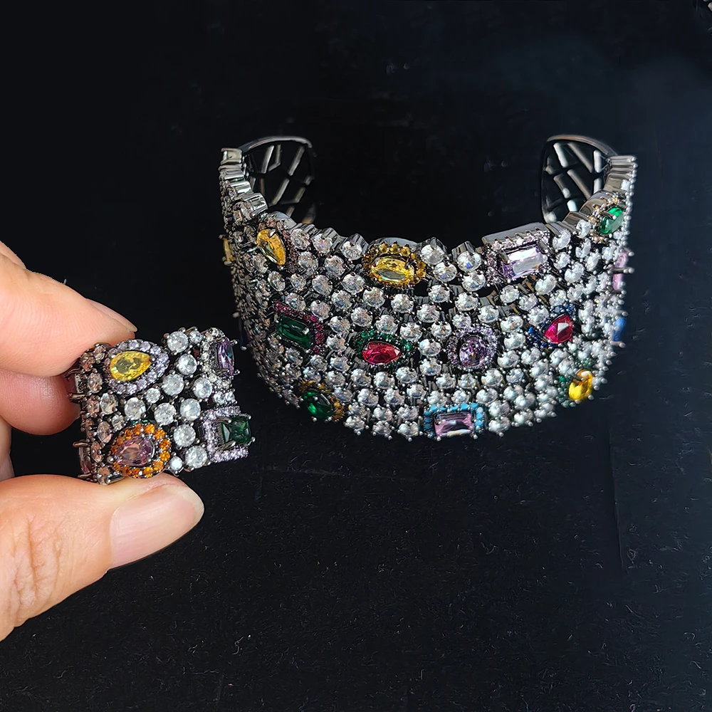 Vintage Multi Colored CZ Wide Open Bangle Matching Ring Sparkling Crystal Grand Bracelet Statement Jewelry for Formal Occasions