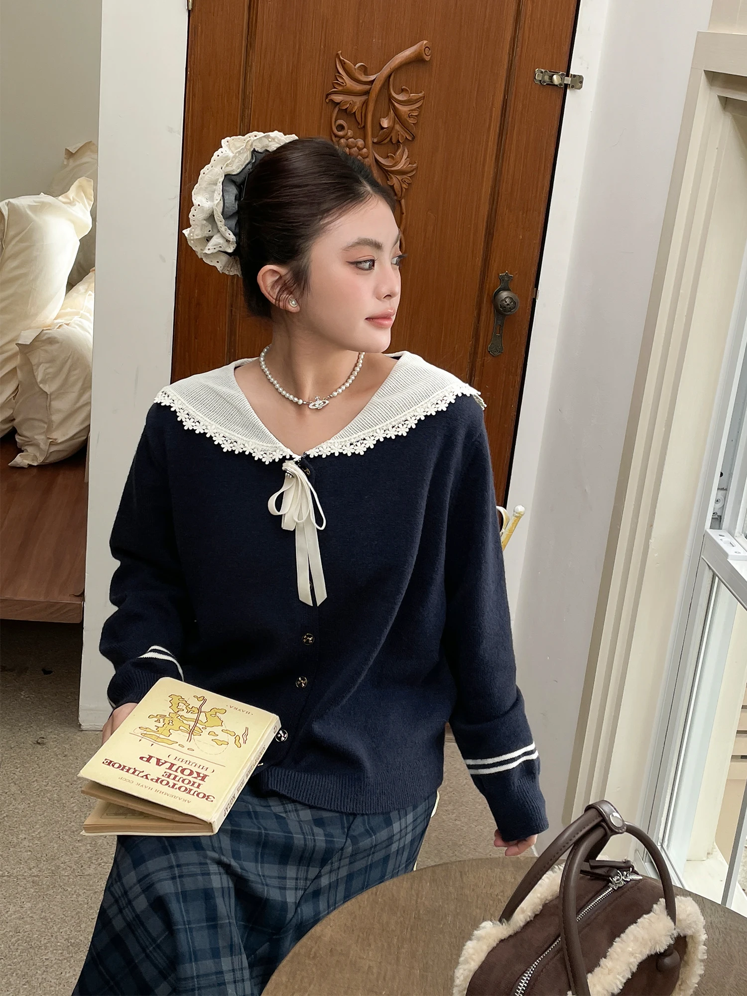 

Эффектный вязаный свитер с милым воротником для женщин: осенне-зимний, красивый, модный, повседневный, с длинными рукавами