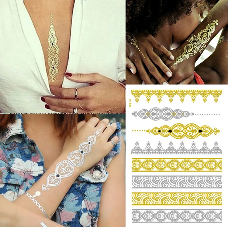 Waterproof Gold Silver Metallic Temporary Tattoos Sticker Painted Arm Creative Removable Sweatproof Body Art Tattoo Sticker