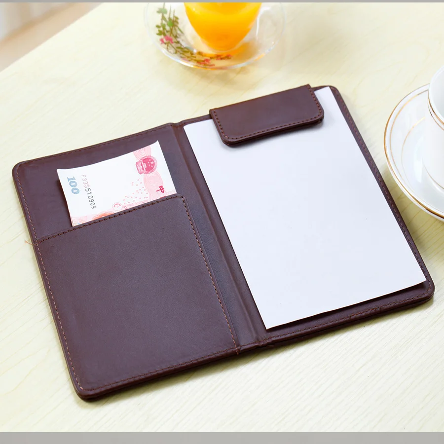 

Promotion A5 A6 leather file folder hotel restaurant PU leather menu folders magnetic cash clip accounts recording office 1195