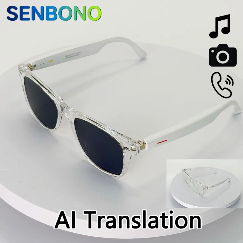 

Умные очки SENBONO, очки для перевода искусственного интеллекта, 100 языков, перевод в реальном времени, Bluetooth, музыка, встроенный микрофон и динамики