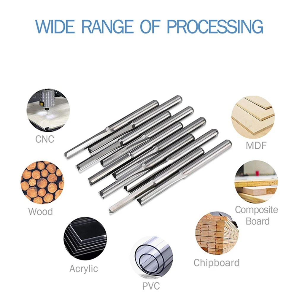 10 szt. 2-ostrzowe frezy Cnc 3,175 mm z prostym rowkiem Frez ze stali wolframowej do drewna i tworzyw sztucznych