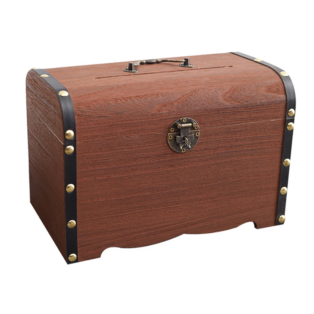 وعاء توفير صندوق المال الخشبي مع قفل ومفتاح، بنك الخنزير الخشبي الآمن لتوفير المال، منظم القراصنة