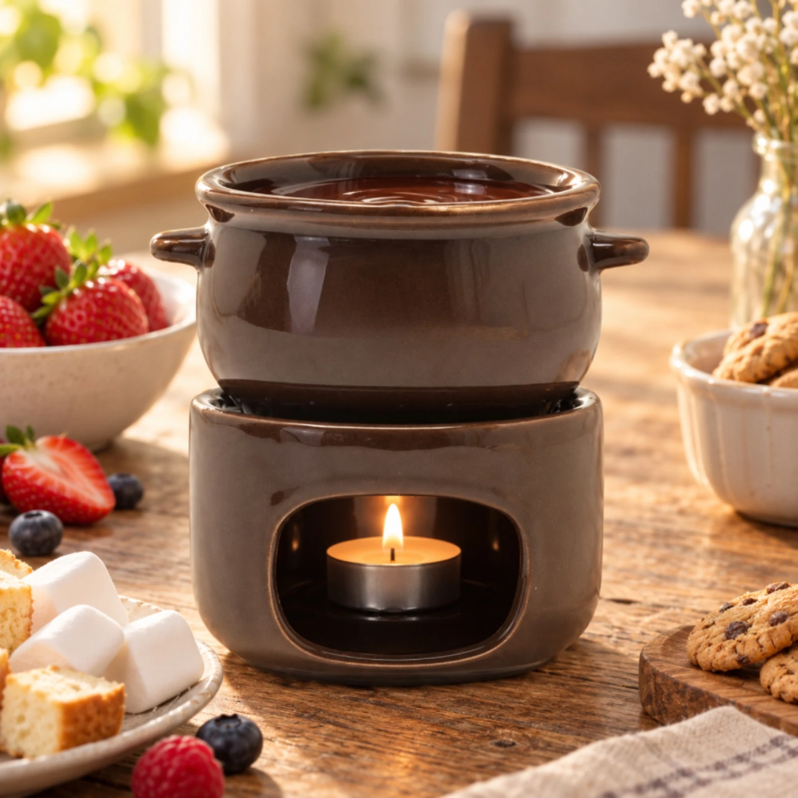 Ceramic Chocolate Melting Cup Safe Candle-Heated Ceramic Melting Pot with Pot Fork Sweet Fondue Cup Compact