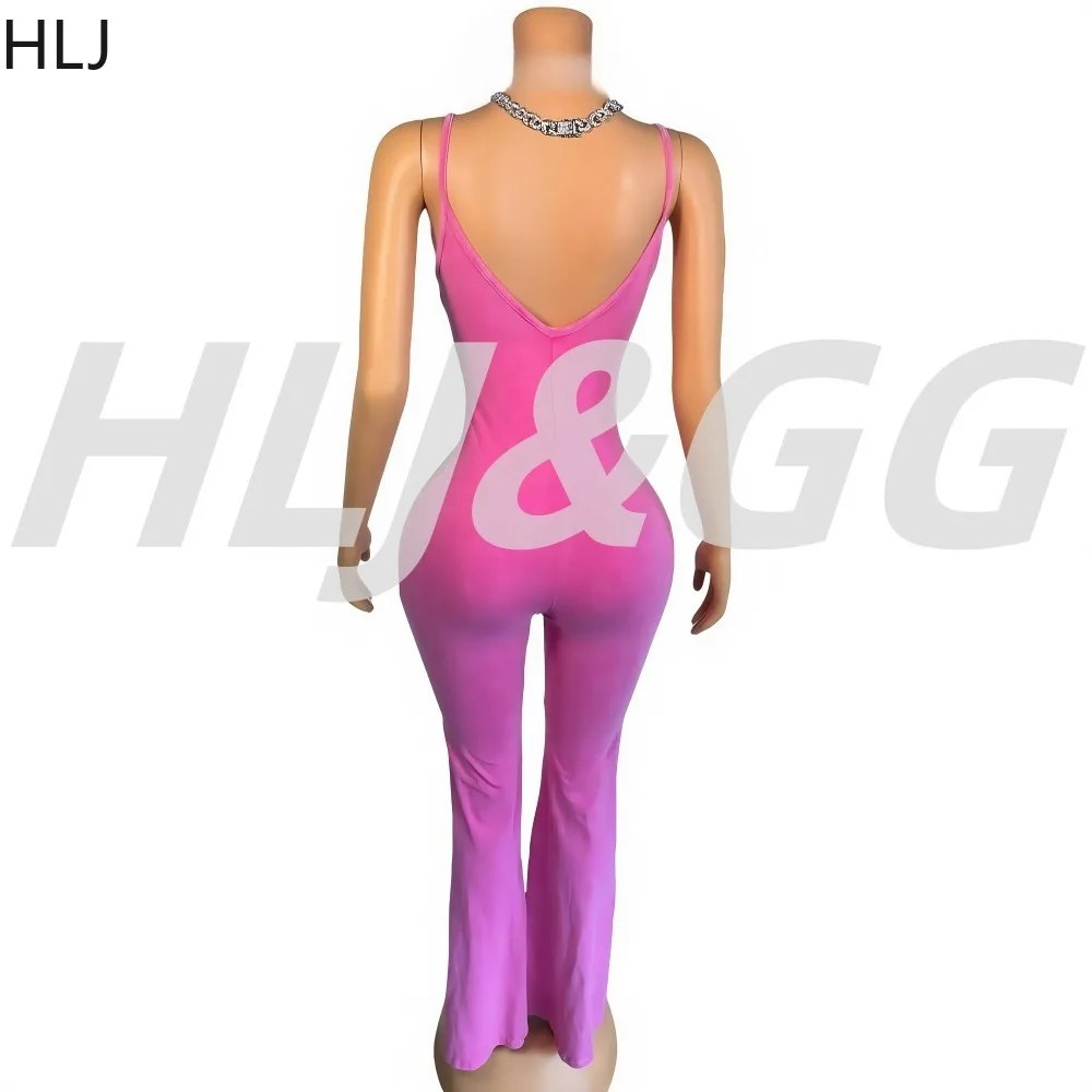 HLJ&GG Sexy Tie-dye Bodycon Jumpsuits Women Spaghetti Strap Deep V Neck Backless Rompers Female Streetwear Overalls Summer New