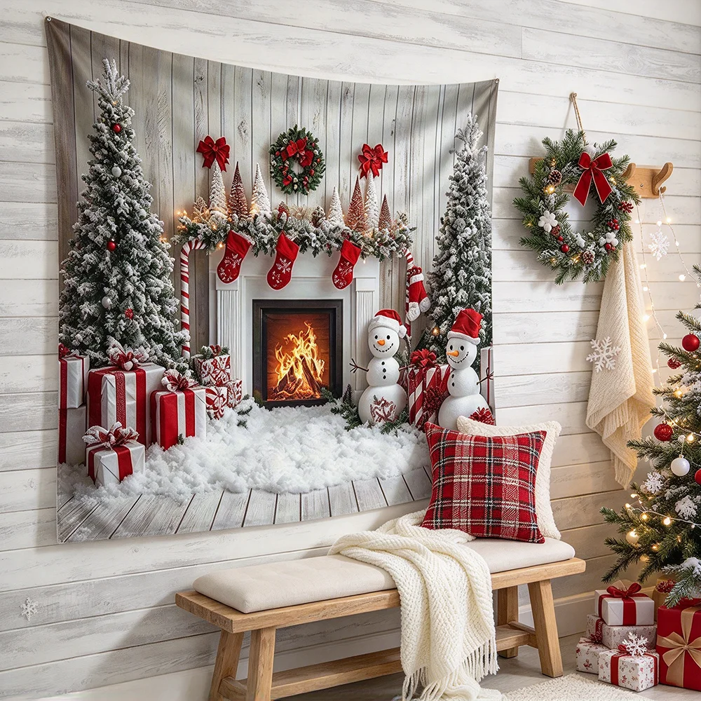 1PCS Tapestry, White Fireplace Christmas Trees Snowmen Gifts Scene, Holiday Party Decoration for Home Studio Wall