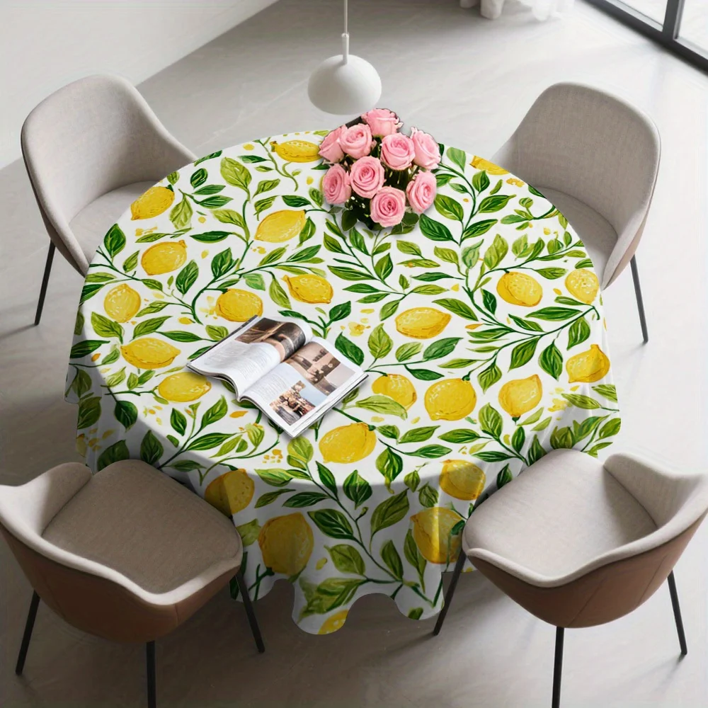 1 Lemon Leaf Design Round Tablecloth - Vivid Design, Round Polyester Fabric