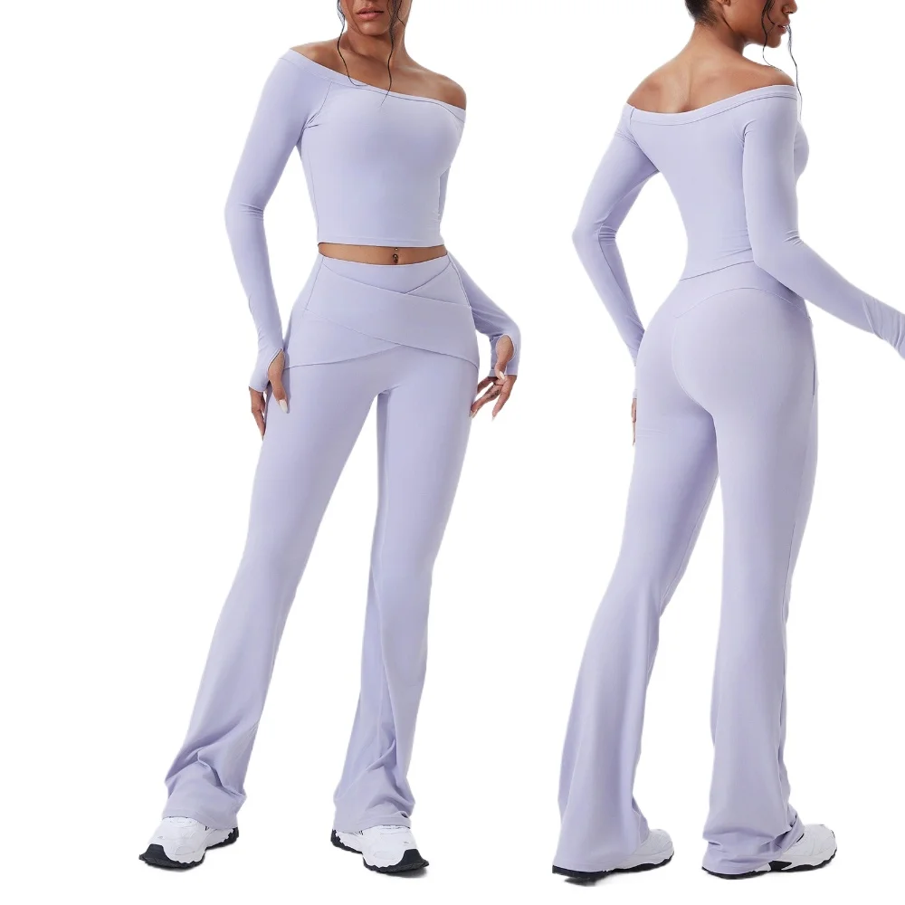 

Комплекты для йоги из 2 предметов, женские спортивные рубашки с длинными рукавами и открытыми плечами, спортивный костюм для тренировок, расклешенные леггинсы с высокой талией, костюм для фитнеса, спортивная одежда