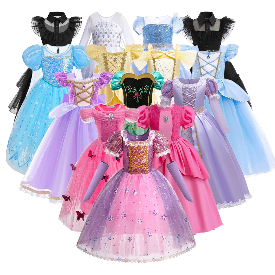 Girls Dress Kids Rapunzel Dance Vestidos Children Party Sequin Dress Carnival Layered Costume Short Sleeve Kids Cosplay Dresses