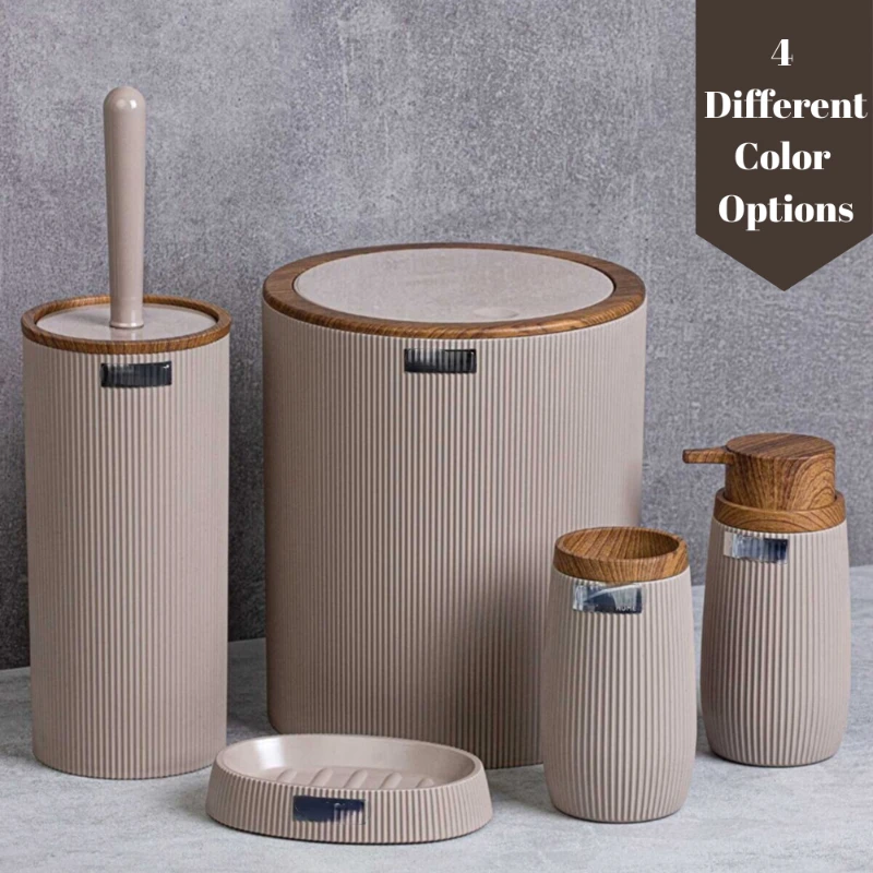 5 Piece Bathroom Accessories Set with Trash Can Toothbrush Holder Soap Dispenser Soap and Lotion Set Round With a Wooden Pattern