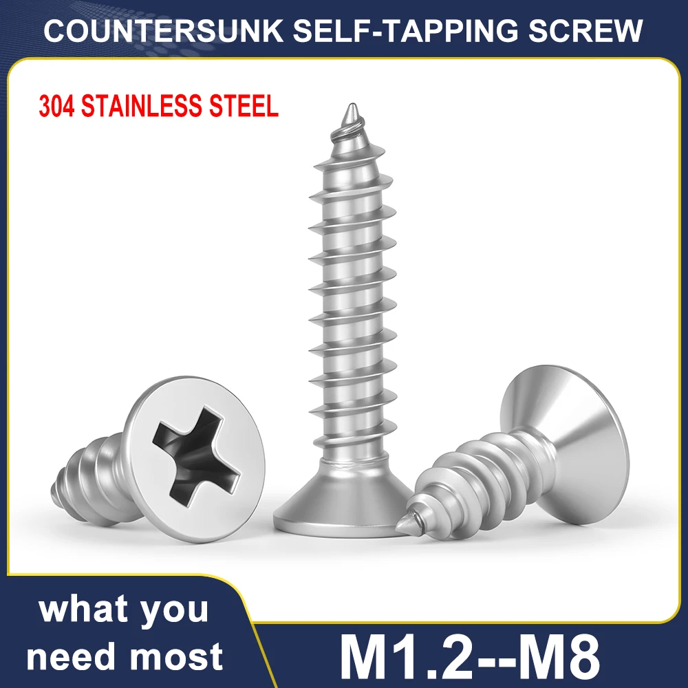 304 Stainless Steel Self-tapping Screws M1.2-M8 Flat Head Recessed Countersunk Bolts Woodworking Phillips Furniture Wood Screw
