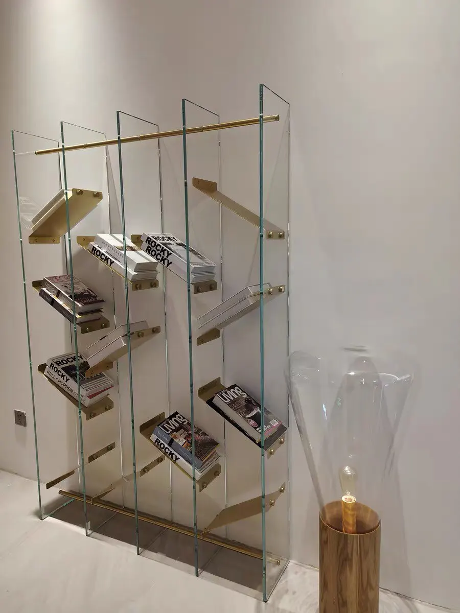 Light luxury stainless steel bookshelf tempered glass bookshelf creative bookcase display rack simple display shelf high-end