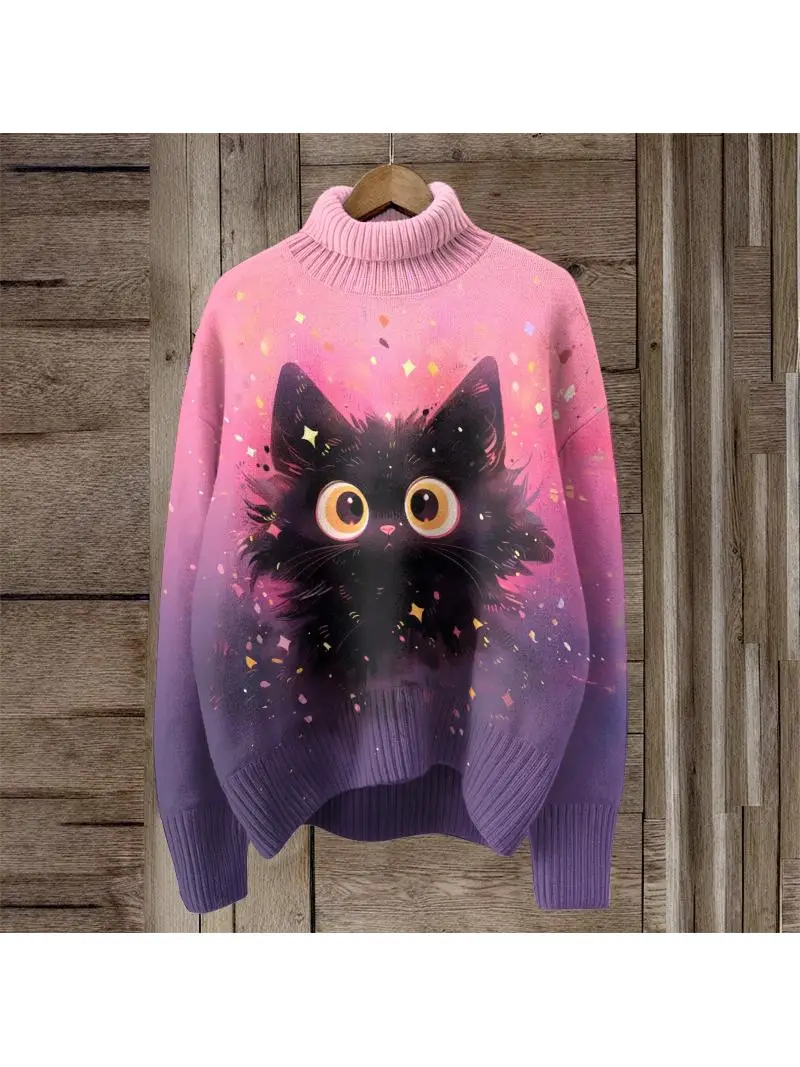 Maglione stampato casual allentato a collo alto da donna inverno 2024 Faionable Comodo peso medio lungo Sve Neutral Sle