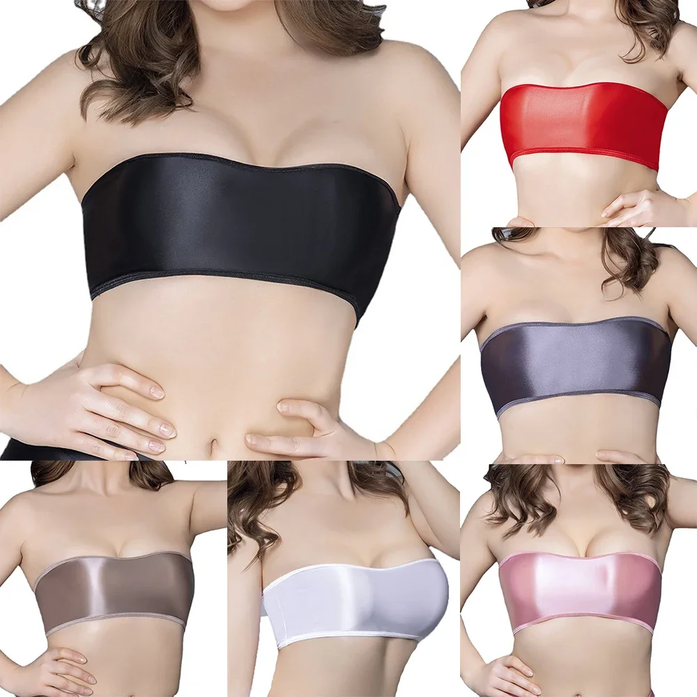 Top Women\'s Strapless Elastic Oily Gloss Underwear Tube Tops Solid Color Basic Stretch Bra Crop Top Tight Woman Female Clothing