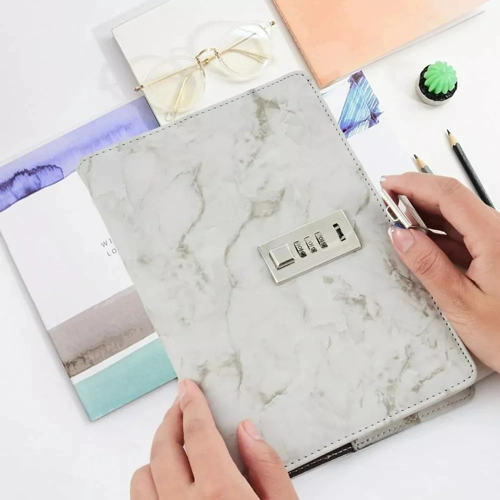 

Retro password notebook With Lock marble texture PU leather cover notepad student diary office supplies planning Journal Book