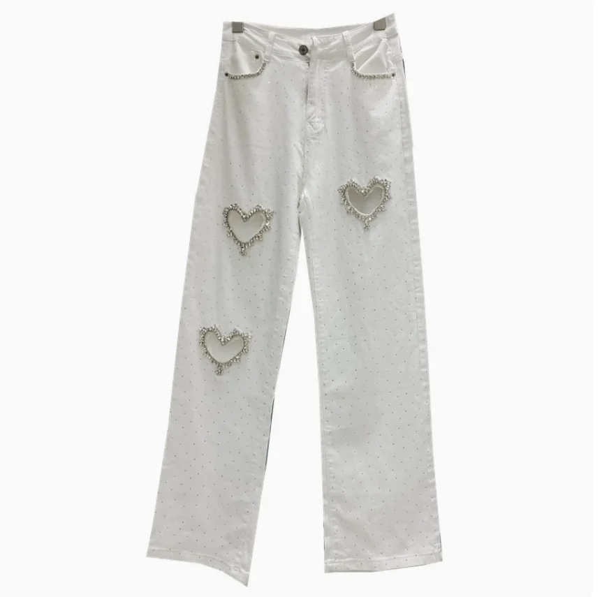 Vrouwen Jeans Hoge Taille Rechte Hart Hol Effen Kleur Volledige Diamanten Denim Broek 2025, Lente Nieuwe Mode w1174