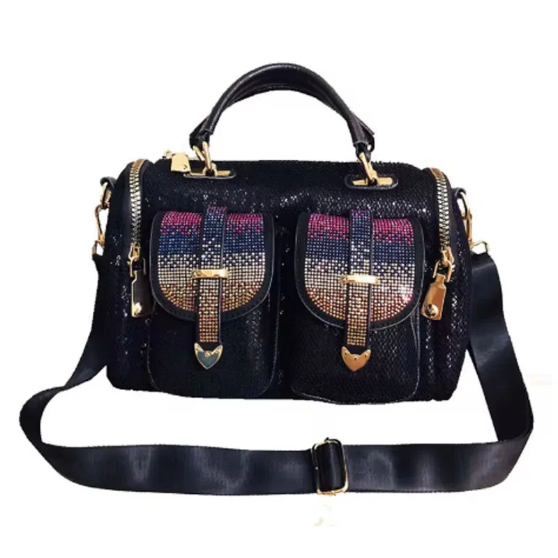 

Women Casual Handbag Pink Diamonds Pocket PU Leather Single ShoulderBag Casual Zipper Tote Crystals Large Capacity Crossbody Bag