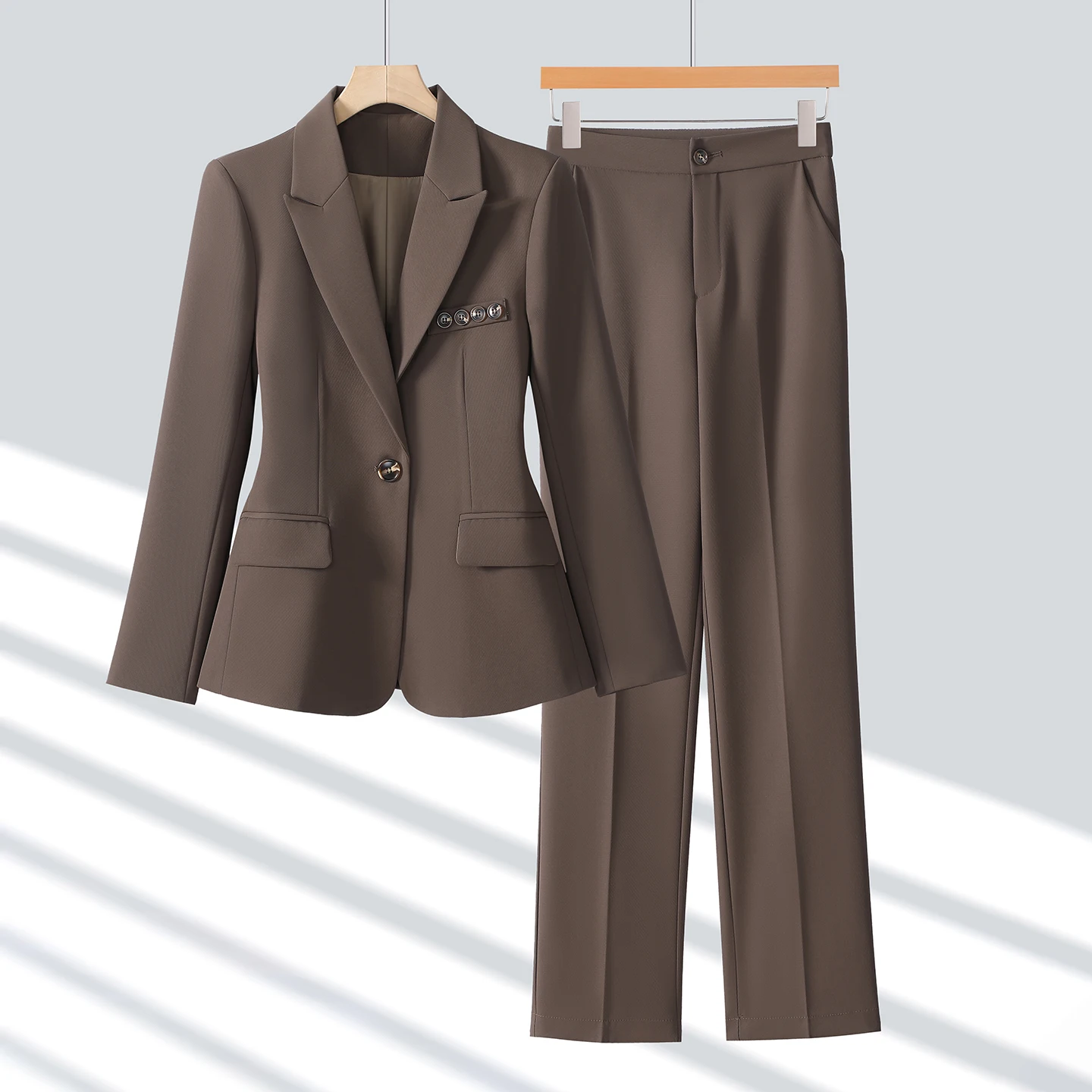 ZJYT Spring Women's Suit Matching Sets Blazers and Pants Set 2 Piece Woman Elegant Chic Trousers Suits Plus Size Brown Outfit