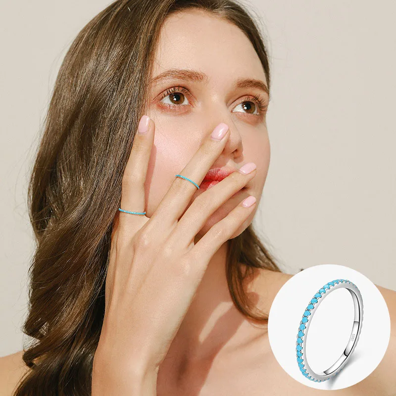 

100% 925 Sterling Silver Turquoise Geometric Ring for Woman Girl Fashion Simple Round Design Jewelry Party Gift Dropshipping