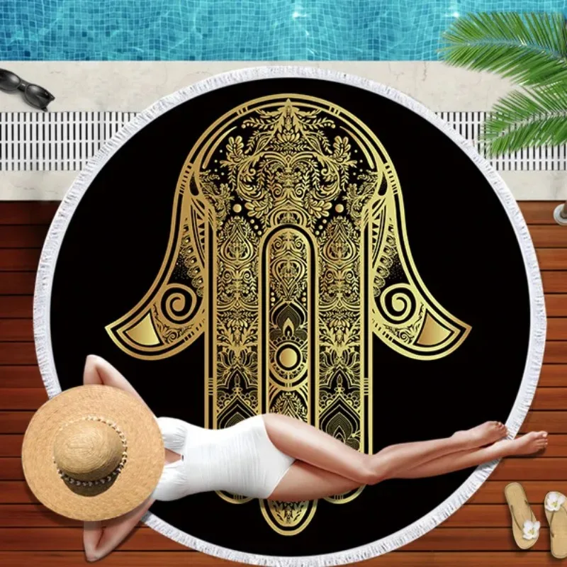 3D Digital Printing Retro Gold Palm Beach Towels for Women Retro Lotus Stars Black Round Beach Towel for Bedroom Decorations Mat