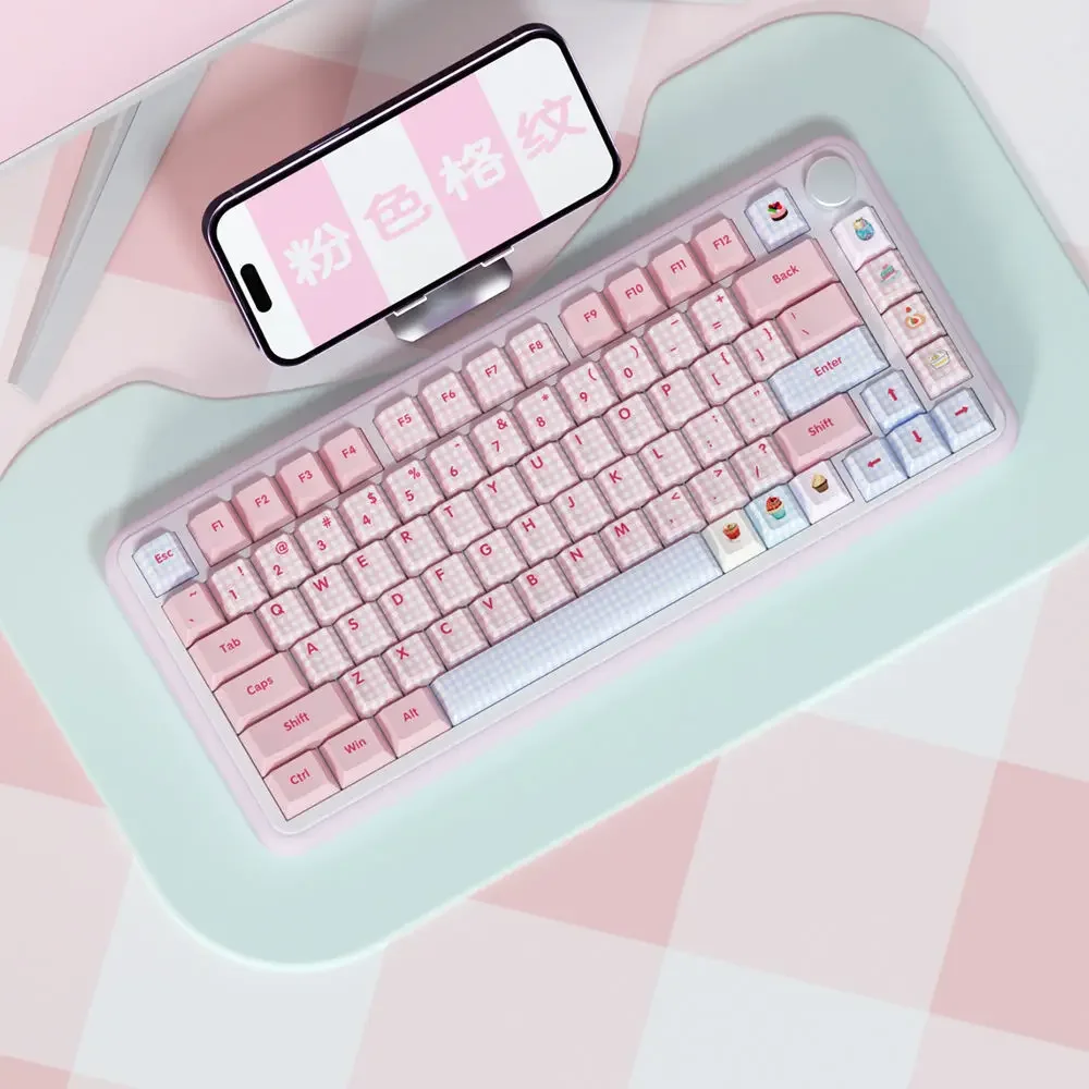 Blue and pink plaid Japanese double-spell keycap, original height PBT 68/75/87/98/99 keyboard cap