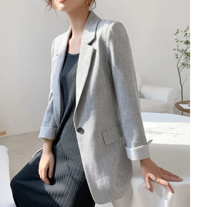 Blazer wanita lengan panjang, Blazer wanita mode bisnis, jaket kerja kotak-kotak, lengan panjang, Blazer kasual musim semi, mantel wanita baru, jaket Korea 2023