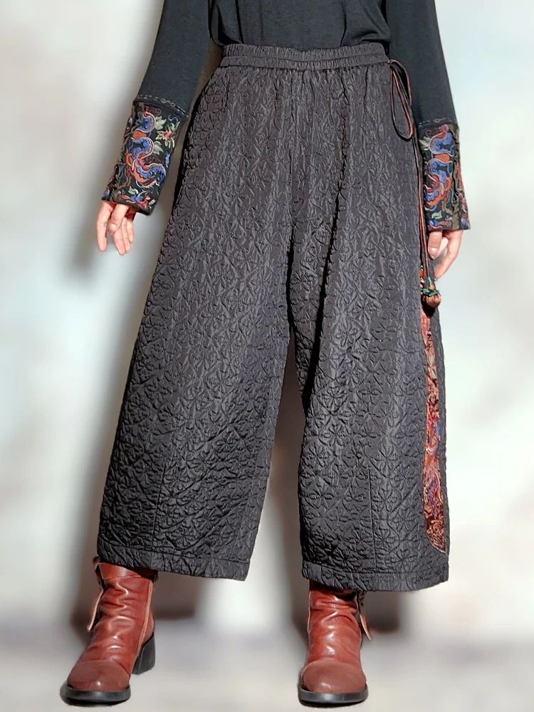 Women's winter pants  Embroidery Cotton-padded trousers Elastic  waist loose black Wide pants Vintage Warm pants