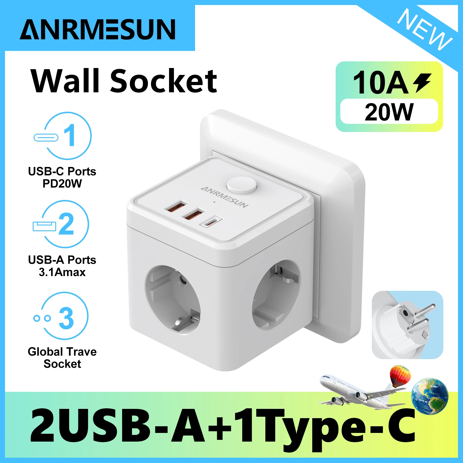 ANRMESUN EU Plug Power Strip Cube with 3AC Outlets +2 QC3.0 USB+ 2 Type C PD20W Fast Charging Strip Wall Socket On/Off Switch