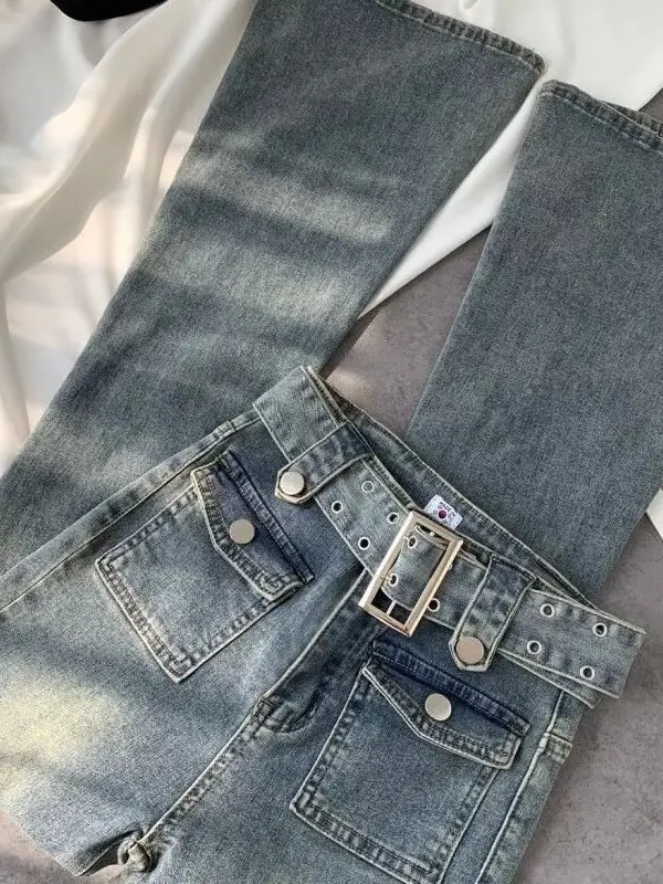 

Sweet Cool Retro High Waist Bell Bottom Jeans Women's Elastic Slimming Small Size Denim Pants Casual Four Seasons Universal