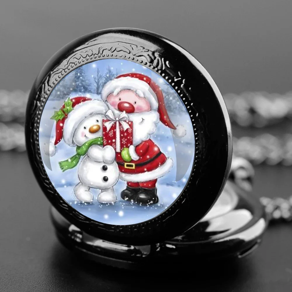 ساعة جيب كوارتز على شكل قبة زجاجية لعيد الميلاد سانتا ثلج مع سلسلة متينة ومينا أرقام عربية هدايا غير عادية للرجال والأطفال