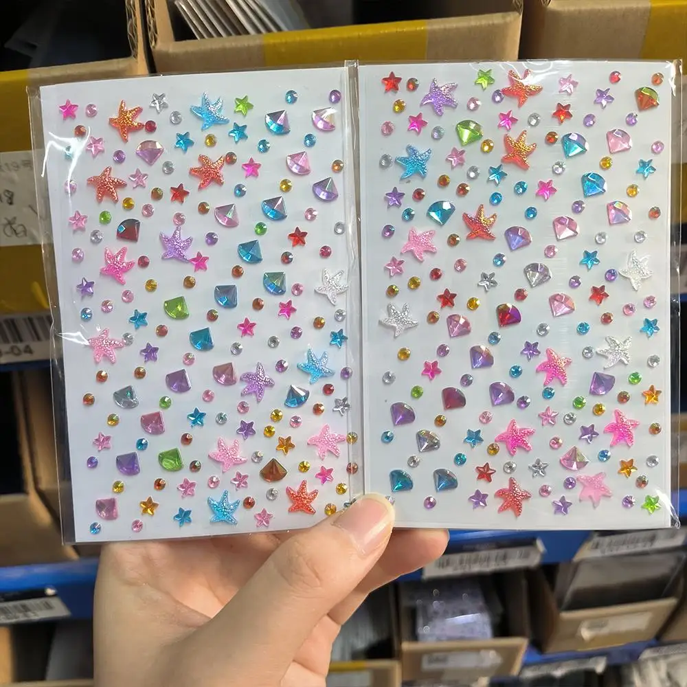 2Sheets Iridescent Star Round Face Jewels Tattoo Stickers Starfish Crystal Gems Fake Tattoo for Eye Body Makeup Rhinestone Decor
