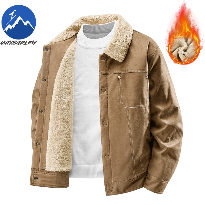 Winter Fleece Jacket Men Comfort Camping Cold Proof Padded Coats Fur Collar Single Row Button Wrinkle Resistant Lightweight Coat