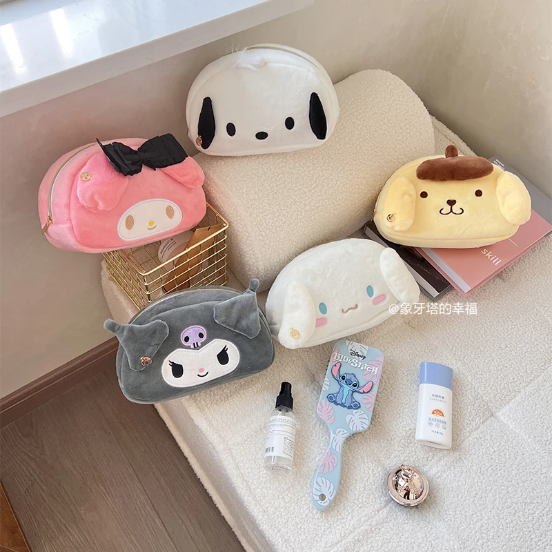 Sanrio Cute Pencil Case Cosmetic Bag Kuromi My Melody Cinnamoroll Pochacco Plush Bag Kawaii Japanese Style Cosmetics Storage Bag