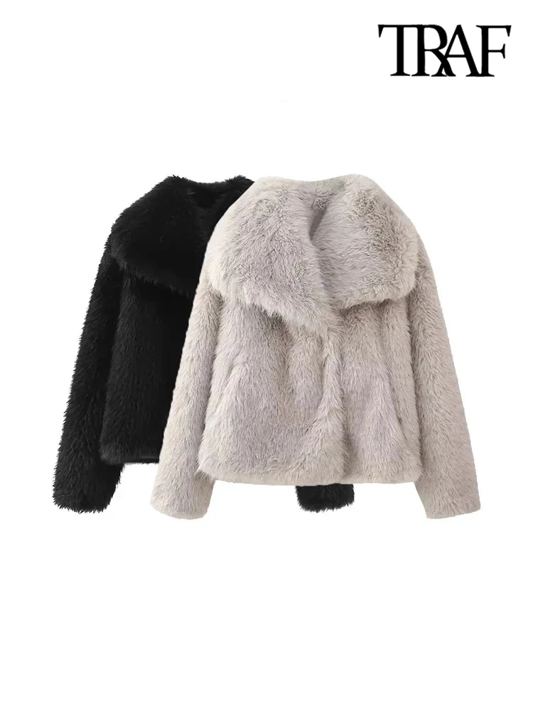 TRAF-Cropped Faux Fur Jacket for Women, Thick Warm Coat, Long Sleeve, Snap-Button, Female Outerwear, Chic Tops, Fashion