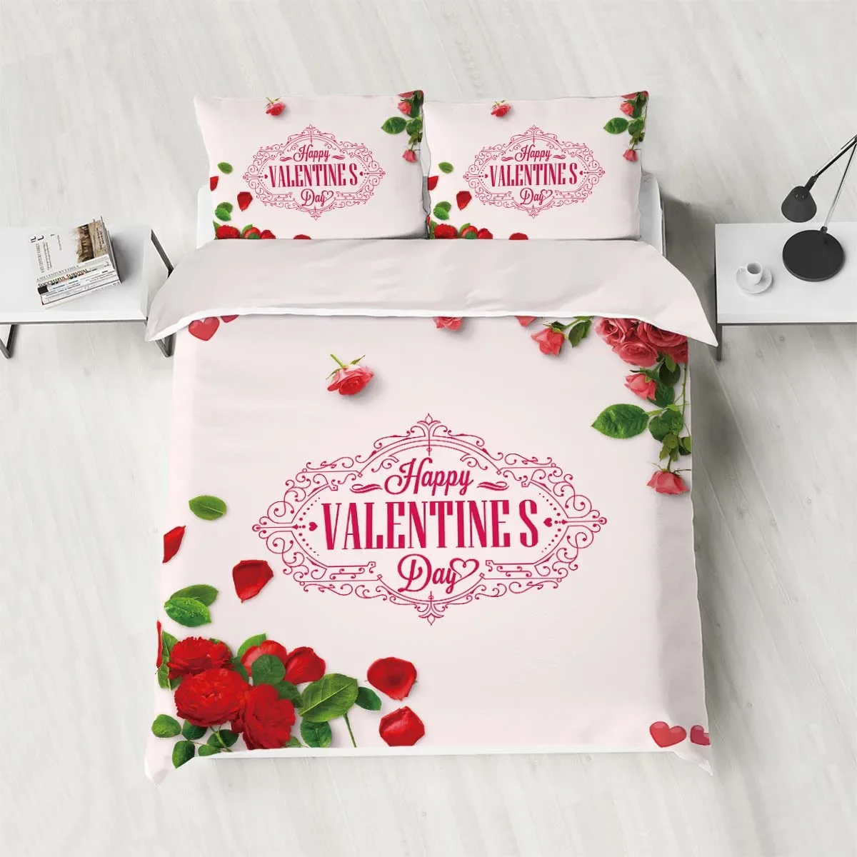 3-piece down duvet cover set with rose heart pattern print (1 duvet cover+2 pillowcases, no core) Valentine's Day bedding set