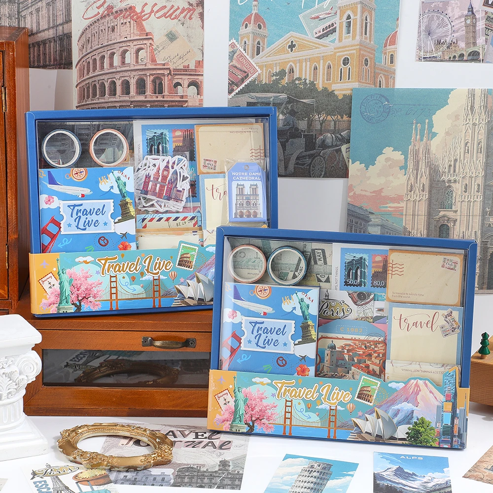 طقم سجل قصاصات ذكريات السفر مكون من 201 قطعة صندوق هدايا مع ملصقات وديكورات مجلة مثالية لمسافرين المجلات والحرف اليدوية #1