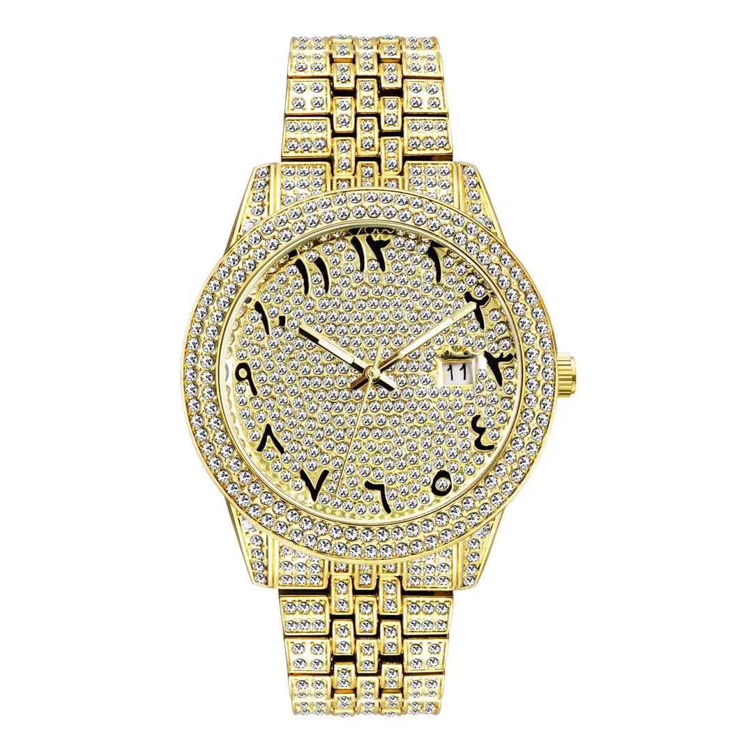 Orologio da polso di alta qualità per uomo donna Orologio al quarzo con pietra piena Lucidatura lucida Orologi gioielli in oro Orologio con data 3 colori