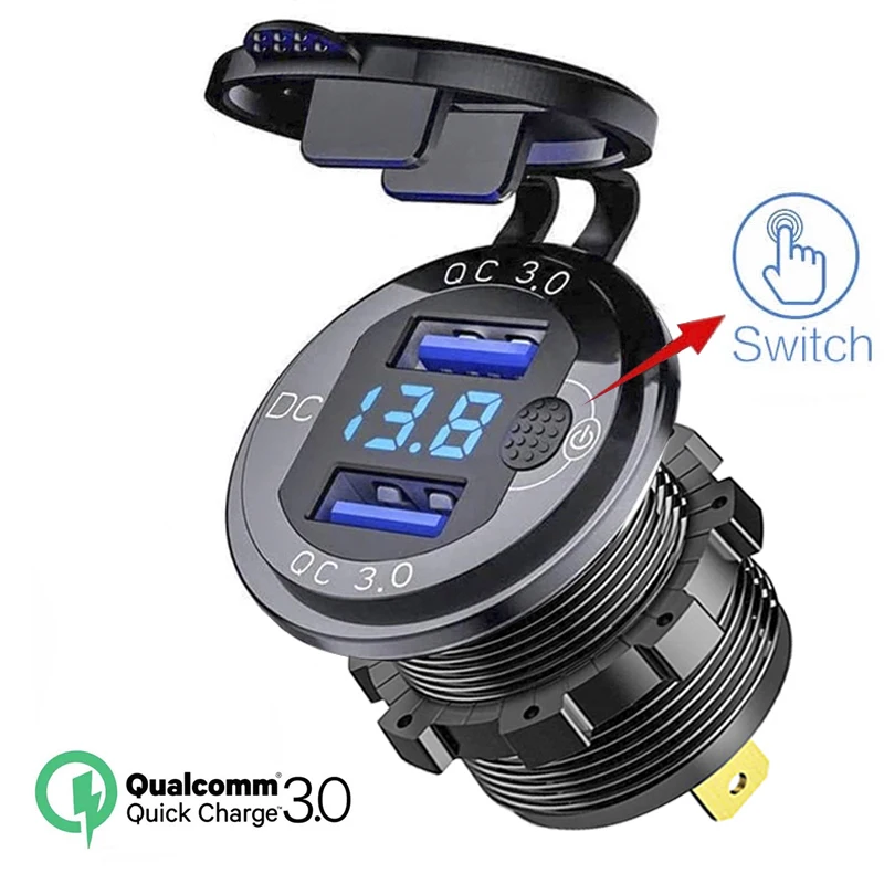 

Quick Charger QC3.0 Dual USB Car Charger Socket Waterproof Power Outlet with Touch Switch Voltmeter Waterproof for 12V/24V Cars