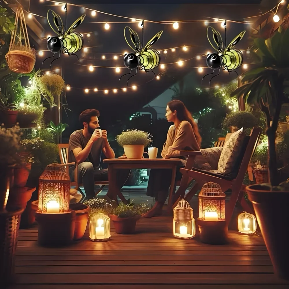 1 قطعة تمثال النحل الحديدي الشمسي مع مصباح ليد في الهواء الطلق مقاوم للماء شجرة معلقة زخرفة لسياج ساحة فناء حديقة الفن الديكور