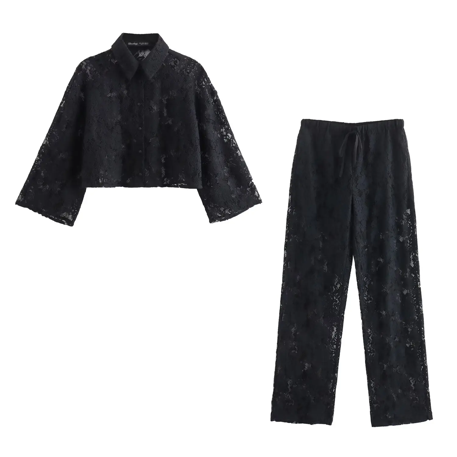 TRAFZA Set For Women New Chic Turn-down Collar Black Lace Short Shirt Top+Lace-Up Elastic Waist Street Lace Straight Pant Mujer