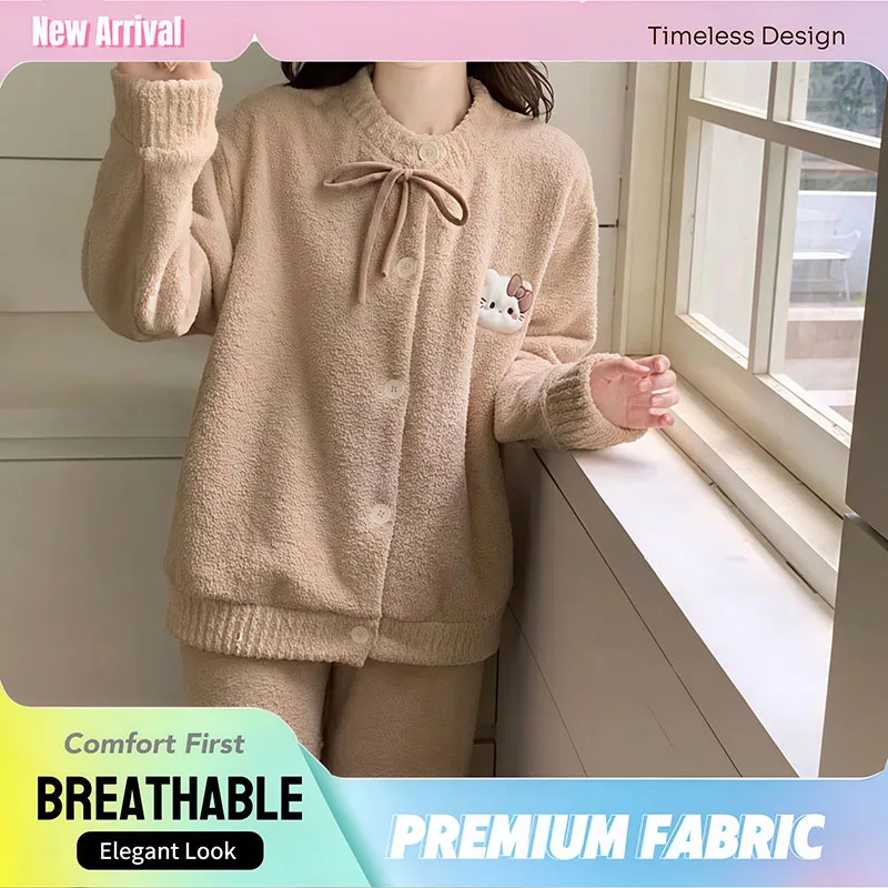 

Sanrio Hello Kitty Women's Pajamas Set New Half Side Fleece Coral Fleece Plush Lined Thickened Warm Autumn Winter Cute Kawaii