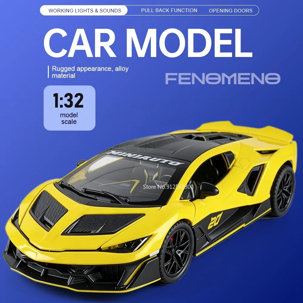 

1:32 Scale Fenomeno Revuelto Mansory Model Car Toy Doors Opened Sound Light Vehicle Pull Back Rubber Tires Cars for Child Gifts
