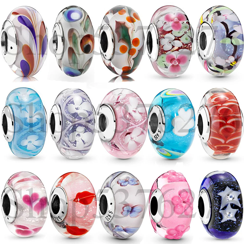 925 Sterling Silver Bead Hearts Swirl Flower Folklore Sky Murano Glass Charm Fit Pandora Women Bracelet Bangle Gift DIY Jewelry