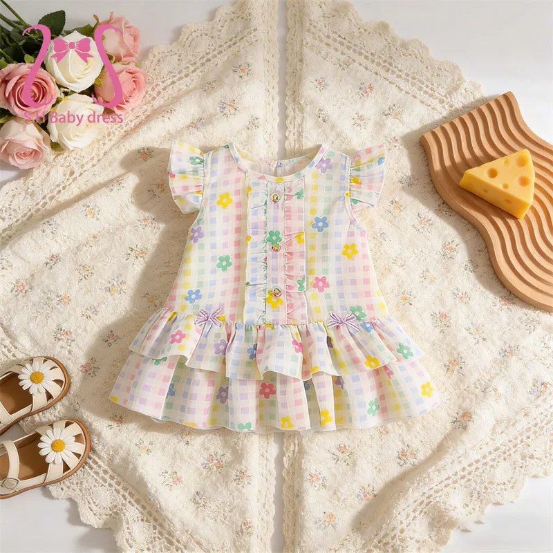 

Модное летнее красочное клетчатое платье для новорожденных, милая детская одежда с цветочным узором, мягкие платья для малышей, костюм для маленьких девочек 0-4 лет