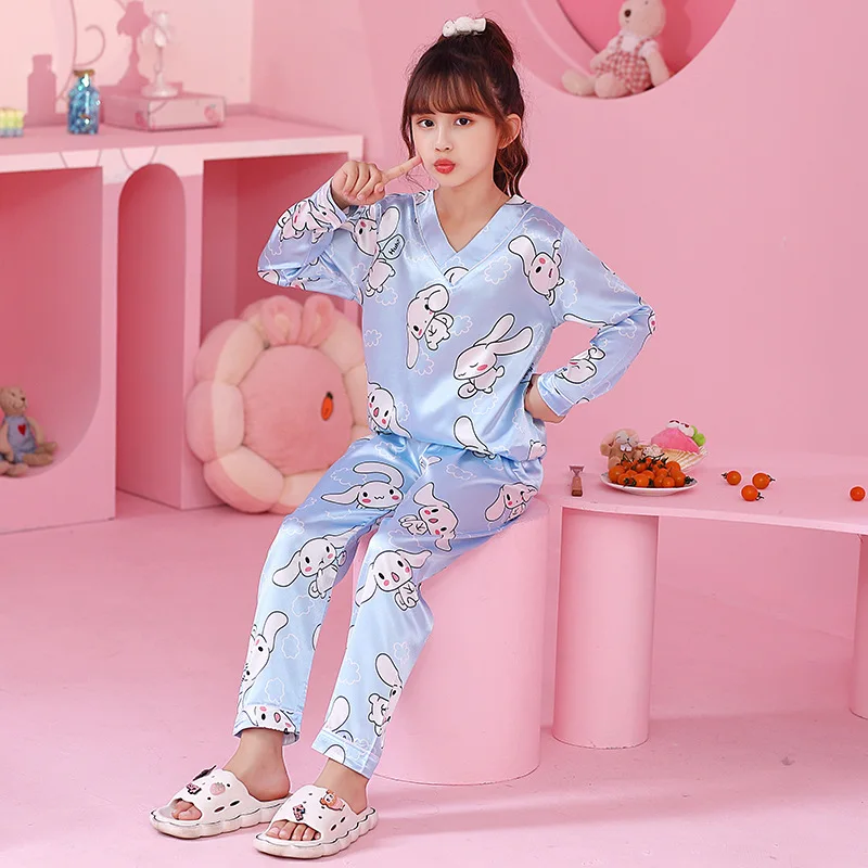 Cute Kuromi Children's Pajamas V-Neck Anime Summer Thin Ice Silk Cinnamoroll Melody Long Sleeve Pants Cartoon Boy Girls Homewear