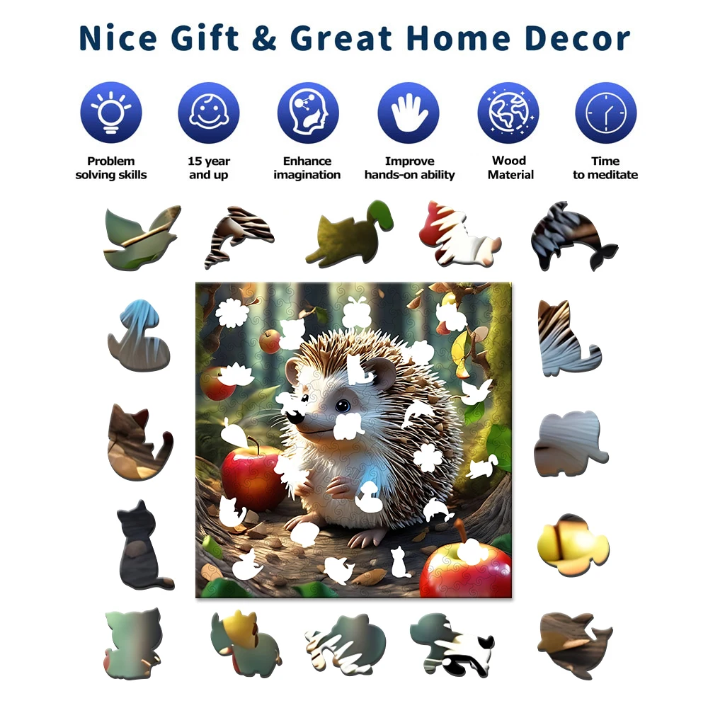 Hedgehog Theme Wooden Puzzle, Uniquely Irregular Animal Shaped Wooden Toys, Creative Handmade Decorations, Holiday Gifts Home