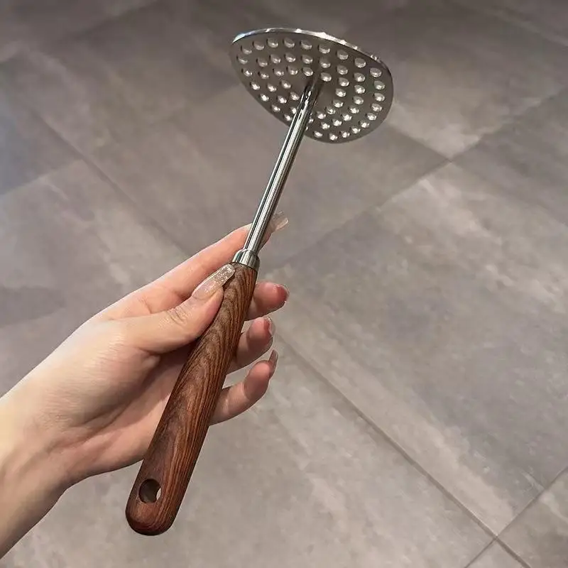 Stainless Steel Potato Masher with Comfortable Wooden Handle Hanging Hole Design Easy to Store Gadget for Household Vegetable M
