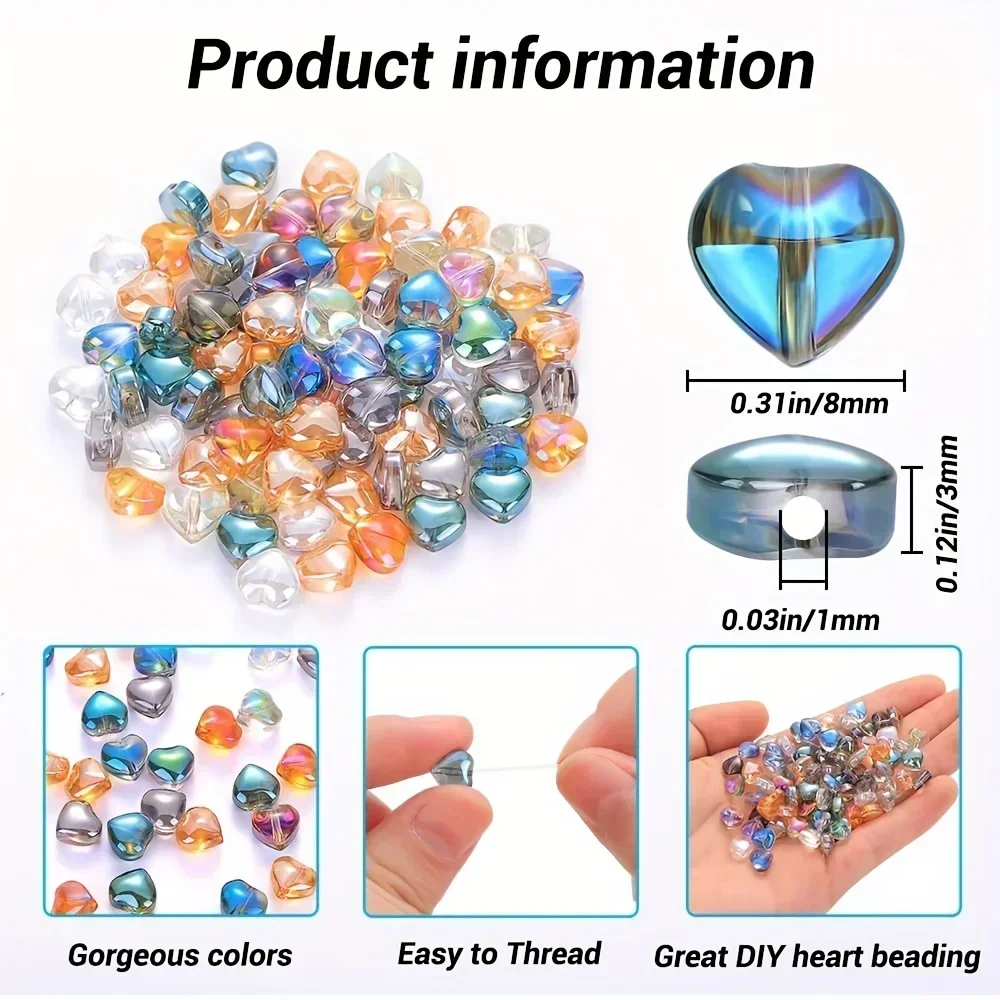 30PCS AB Color Heart Shape Glass Beads Colorful Loose Spacer Glass Beads for DIY Jewelry Making Bracelet Necklace Accessories
