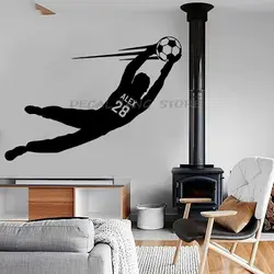 Football Soccer Goalkeeper Personalized Name & Number Jumped and Caught The Fying Football Vinyl Wall Decal Home Decor 1551
