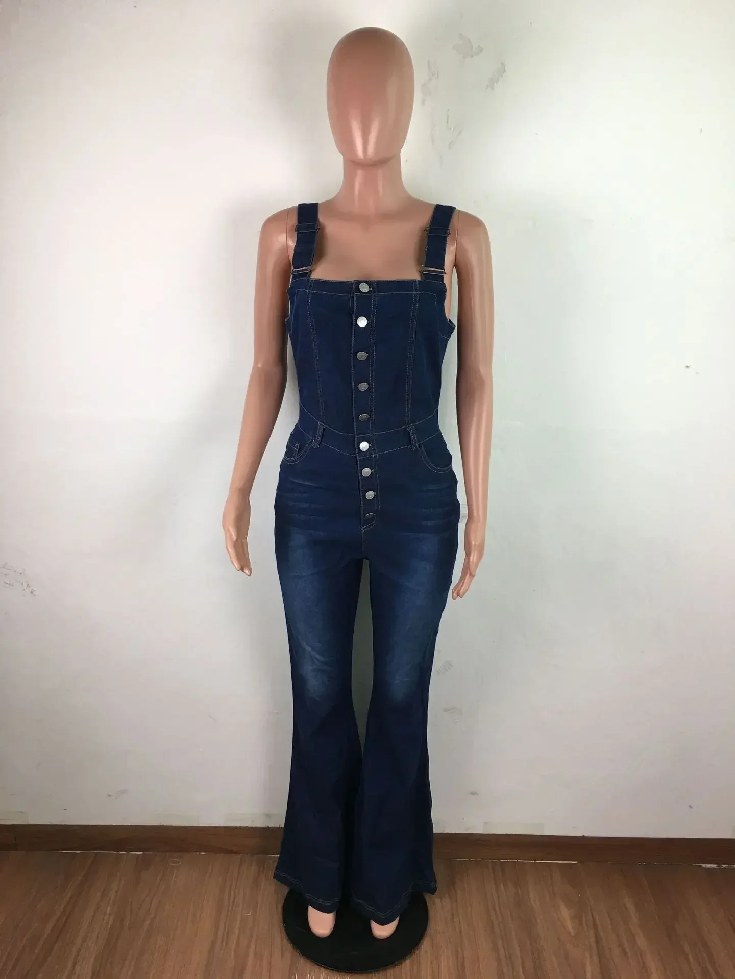 Dames denim jumpsuit Eendelige overall Jeans Wassen Wijde pijpen Broek Enkellange Sexy Basics Jumpsuits met enkele rij knopen Zakken